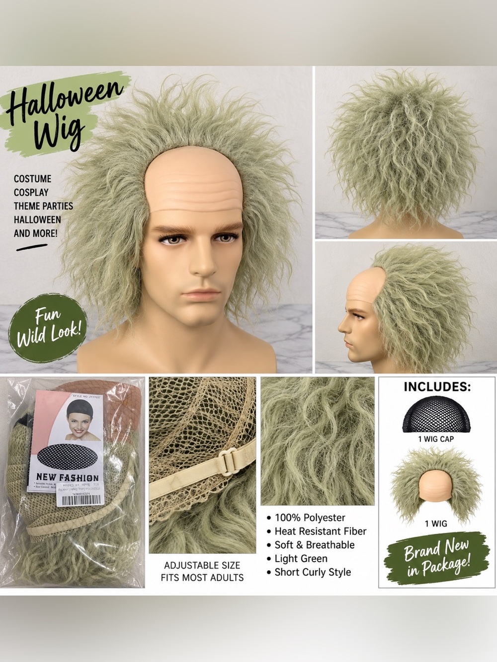 NWT - Bald Man LIGHT GREEN CURLY HALLOWEEN COSTUME WIG – BRAND NEW 👻🎃
